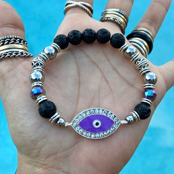 Purple cz evil eye black lava boho bead bracelet - Picture 10 of 14